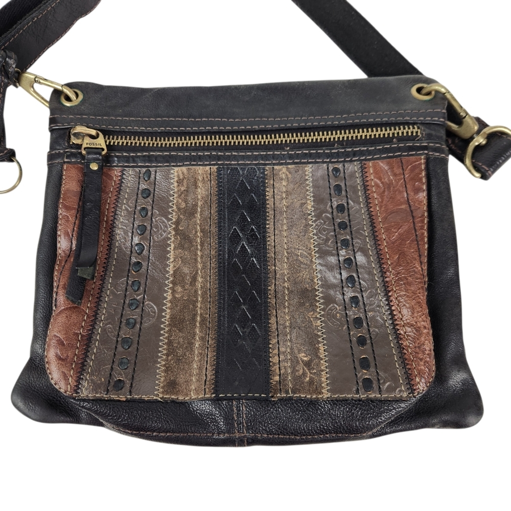 Fossil Sasha Black Patchwork Leather Rustic Crossbody Messenger Bag Purse - Picture 2 of 10